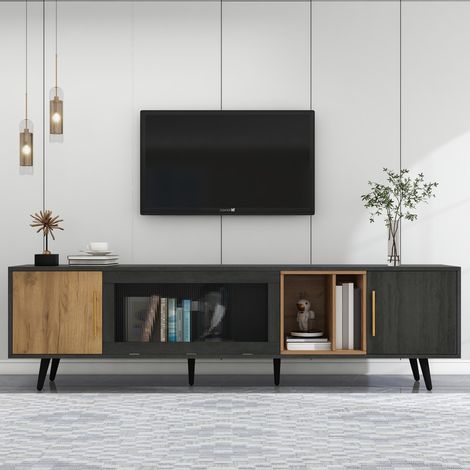 Grand console TV 200cm tons bois foncé adapté grand écran 90 pouces salon