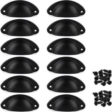 Lot de 12 Poignées de Tiroir Vintage, Poignées de Meubles Traditionnelles en Demi Lune, Poignées de Coquille pour Placard, Armoire, Commode, Noir, Vis incluses (1/4)