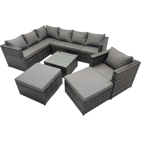 Fimous Rattan Garden Furniture Patio Furniture Sets with Corner Sofa Chair Square Coffee Table 2 Big Footstools Dark Grey Mixed (1/5)