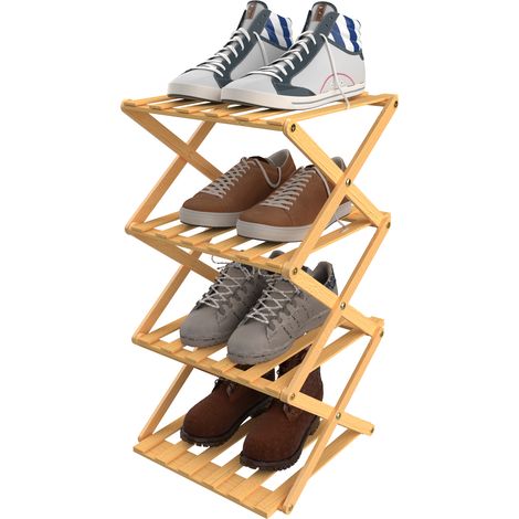 Haloyo® Étagère à Chaussures en Bambou à 4 Niveaux, Étagère à chaussures pliable en bambou, pour couloir, placard, Couleur du bois (1/5)