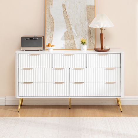 Cassettiera a 7 cassetti, 145x40x80 cm, ampio mobile contenitore per camera da letto e soggiorno, credenza bassa con guide silenziose e piedini rialzati, bianco (1/5)