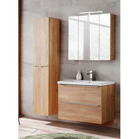 Ensemble meuble vasque + Armoire miroir + Grande armoire - 80 cm - Elise Oak - Livraison gratuite