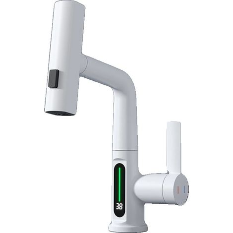 Grifo de lavabo de baño, pantalla digital de temperatura, diseño extraíble, blanco. (1/2)
