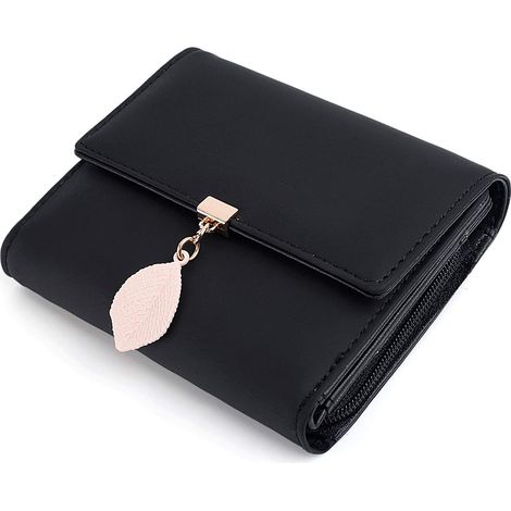 Porte-monnaie en cuir PU avec pendentif feuille pour femme (noir)