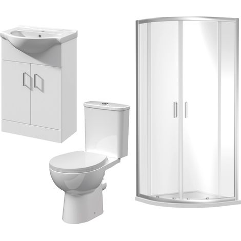 900mm Quadrant Shower Enclosure Suite with Shower Enclosure, Shower Tray, Waste, Vanity Basin Unit, Toilet and Seat - Chrome/White