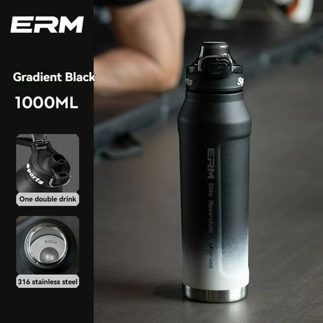 (Noir dégradé, 1000 ml) Bouteille d'eau isotherme pour eau chaude et froide, en acier inoxydable à double paroi, avec poignée de transport, adaptée au sport et aux activités de plein air. (1/4)