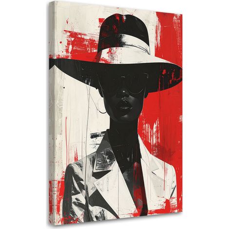 Image sur Toile, Femme élégante avec chapeau sur fond rouge et blanc,60x90 (1/4)