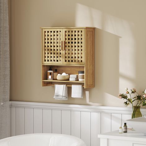 Meuble de salle de bain mural en bambou avec 2 portes à croisillons, étagère ouverte et étagère réglable, naturel (1/5)