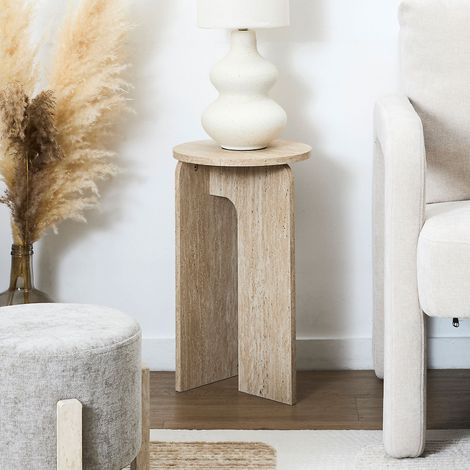 The Home Deco Factory – Table d'appoint ronde effet pierre naturelle 30 cm – Design minimaliste – Compacte pour espaces réduits – Couleurs blanc et beige