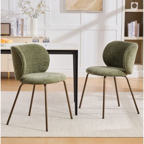 Set di 2 sedie da pranzo in chenille con schienale curvo e gambe in metallo bronzo, verde (1/5)