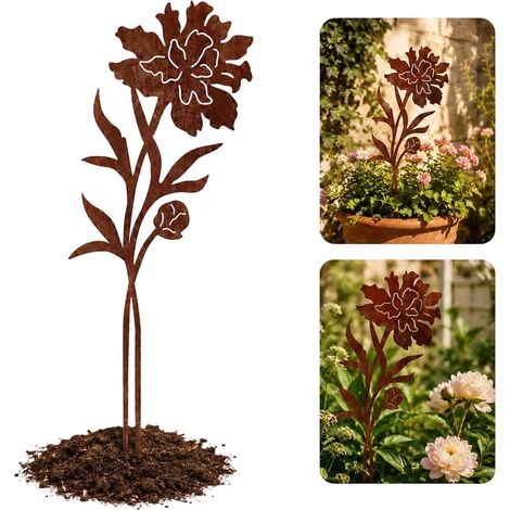 Piquet de Jardin Décoratif en Métal en forme de pivoine,Tuteur Décoration Extérieure et Piquet de Jardin effet rouillé pour décoration d'automne et plus de caractère au jardin (1/5)