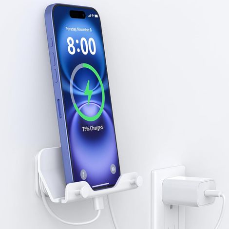 Soporte de pared para teléfono - Soporte de pared con tira adhesiva, para dormitorio, sala de estar, cocina, compatible con todos los teléfonos y mini iPads (blanco) (1/5)