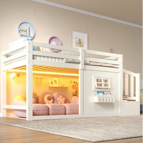 Letto a soppalco per bambini 90 x 200 cm con scala contenitore, finestra, LED, legno MDF, bianco (1/5)