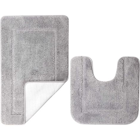 Lot 2 Tapis de Bain Microfibre 53x86 + 50x50 cm, Gris (1/5)