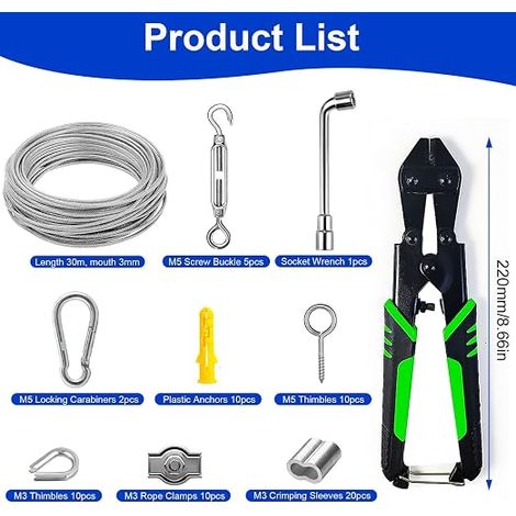 Kit Câble Acier Inox 3mm, Tendeur Fil à Linge Extérieur avec Serre Câble Acier et Accessoires de Montage, pour Fixation de Corde à Linge, Luminaires, Plantes Grimpantes (1/4)