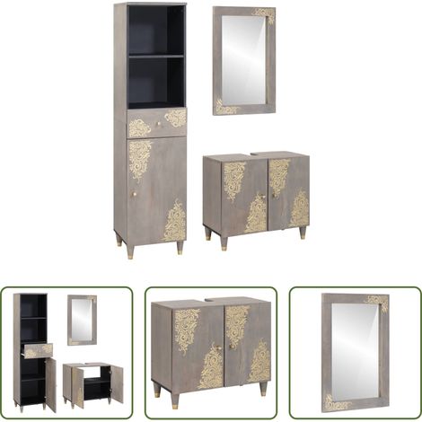 Holz Schrank - Badezimmerschrank-Set Wandmontiert 3 pcs Grau Massivholz Mango (1/5)