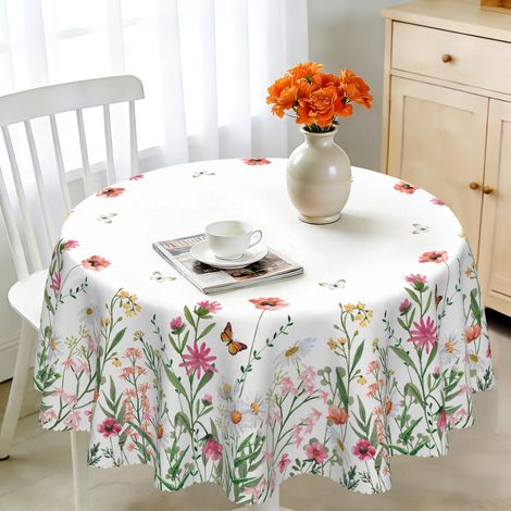 Nappe ronde 150 cm, lavable, motif floral, en polyester, résistante aux intempéries, imperméable, pour cuisine, table de jardin, table à manger, fête (1/5)