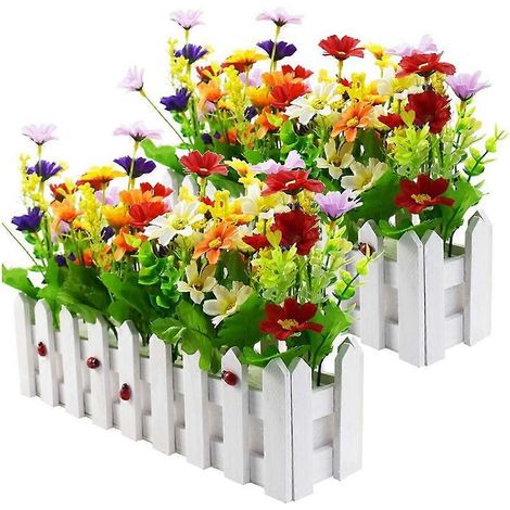 Künstliche Pflanzen – Mehrfarbige Gänseblümchen im Topf mit Zaunmuster, für die Innendekoration (Büros, Hochzeiten, Zuhause), 2er-Set (1/5)