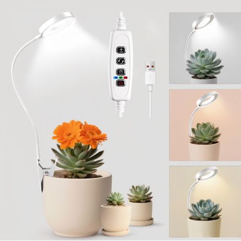 Lampe de croissance pour plantes, LED blanche à spectre complet, pour plantes d'intérieur, avec minuterie et fixation par pince, 3 niveaux de luminosité, idéale pour l'hydroponie et les semis. (1/4)