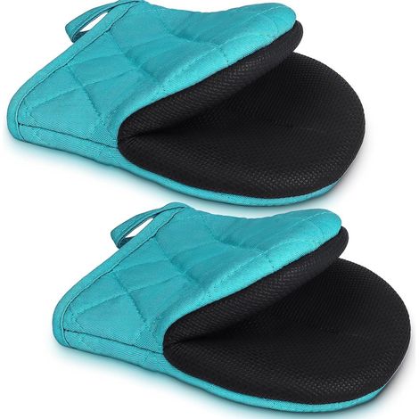 1 paire de gants de cuisine courts résistants à la chaleur en coton et surface antidérapante et gants de cuisine pour la cuisson, le barbecue, le micro-ondes, bleu (1/5)