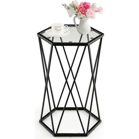 Narrow Coffee Table Hexagonal Side Table Balcony Tempered Glass Top End Table (1/5)