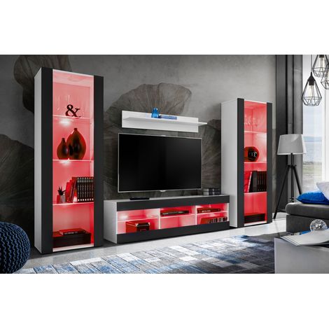 Komodee Ensemble de Meubles Tivoli Grande, Blanc/Noir, Largeur 250cm x Hauteur 159cm x Profondeur 35cm, LED RGB, 3 étagères, pour Salon, Chambre, Entrée