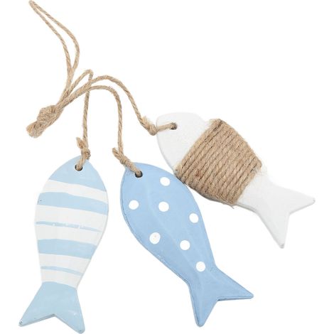 Décoration de poisson en bois, style marin, motif ondulé blanc, 3 petits poissons sculptés antiques en bois de pin, poissons suspendus en bois (1/5)