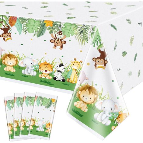 Set mit 4 Kunststofftischdecken – Niedliches Tiermotiv – Partydekoration für Kindergeburtstage und Babypartys – 130 x 220 cm