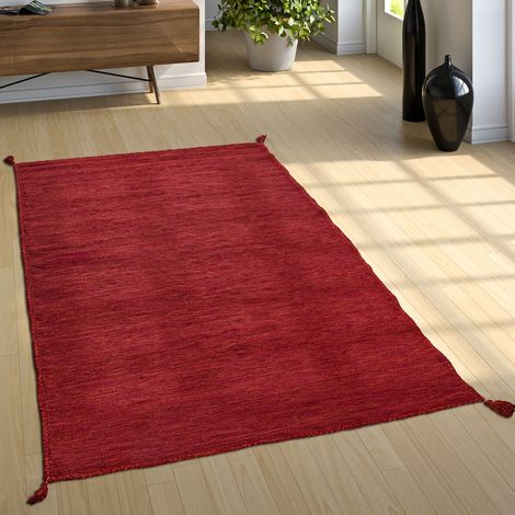 Paco Home Alfombra Natural Salón Con Flecos, Moderna Tejida A Mano Kilim, 100 % Algodón 60x110 cm, Rojo