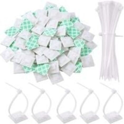 Paquet de 100 Zip Tie Adhésifs Supports Auto-Adhésifs Supports de Base de Serre-Câbles avec Attache-Câble Universel à Usages Multiples (Longueur 150 mm, Largeur 2 cm, Blanc) (1/5)