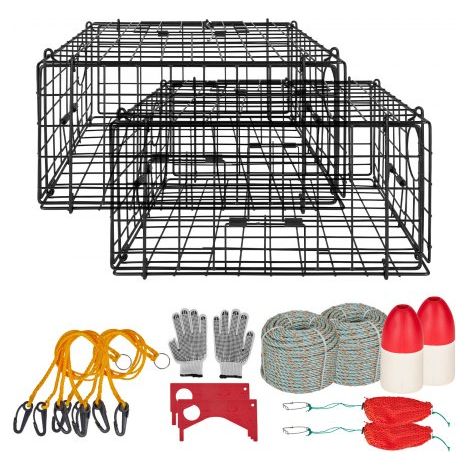 Krabbenfalle 2er-Pack, 62 x 62 x 30 cm Krabbenreuse für Dungeness Crabs, PVC-beschichtetes Drahtgeflecht, inkl. 30 m Bleileine, Boje (Rot+ Weiß) und Handschuhen, Angelzubehör für Salzwasser (1/5)