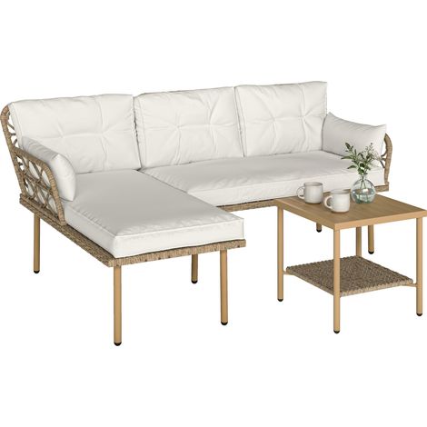 Salon de jardin d'angle 4 pers. 3 pièces avec 1 table basse coussins grand confort inclus résine tressée crème (1/5)