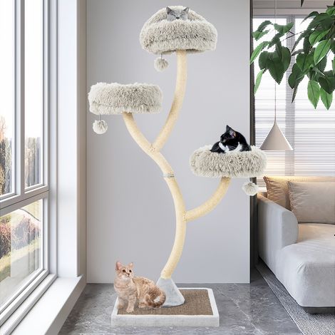 Arbre à chat, Maison à chat 178CM Cadre Métal Incurvé avec 3 Balles et Griffoir Gris CW3036 Maison Chic (1/3)