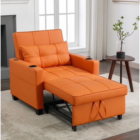Sofá cama individual (74x87x84 cm), 3 en 1, reclinable, extensible, con apoyabrazos con portavasos, madera y metal, naranja (1/5)