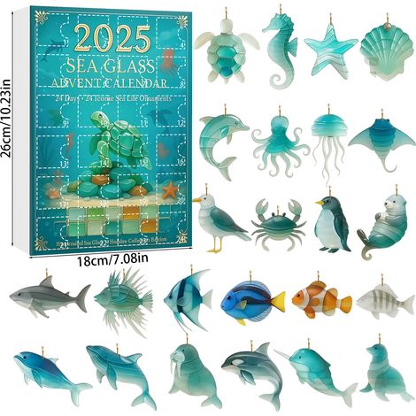 Calendrier de l'Avent de Noël en verre de mer avec animaux, boîte surprise, 24 breloques plates en acrylique à suspendre, décorations pour sapin de Noël, coffret cadeau compte à rebours des fêtes (1/5)