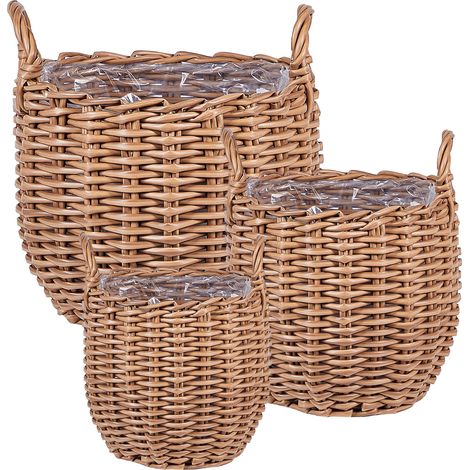 Set de 3 cestas para plantas de ratán con asas color marrón Aucuba (1/5)