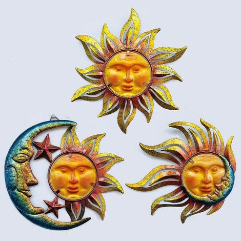 Décoration murale en métal et verre représentant un soleil, lune et étoile, pour intérieur et extérieur. Idéale pour jardin. (1/5)