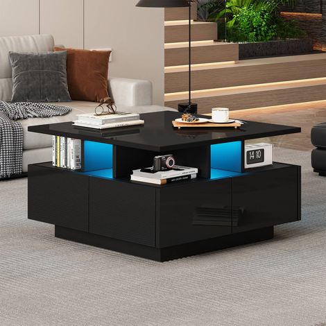 Table basse 70x70x40 cm avec LED, 4 tiroirs, design géométrique, haut brillant, noir (1/5)