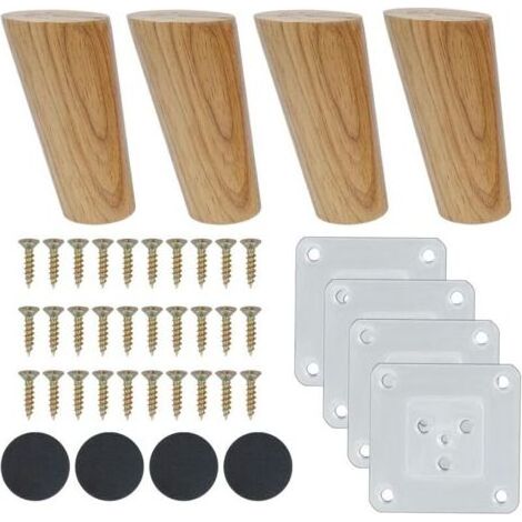 4pcs Pieds de Meuble en Bois 10cm Inclinés - Pieds de Rechange Massifs pour Canapé, Fauteuil, Table, Meuble TV avec Accessoires (1/4)