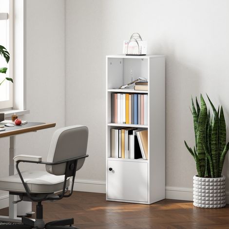 Librería de 4 Niveles Estantería para Libros Moderna con Estantes Abiertos y Puerta 40x30x120 cm Blanco (1/5)