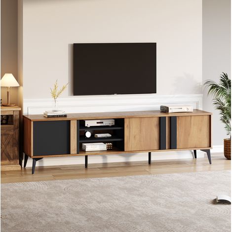 Mobile TV 180 cm basso con anta e vano aperto, nero e legno (1/5)