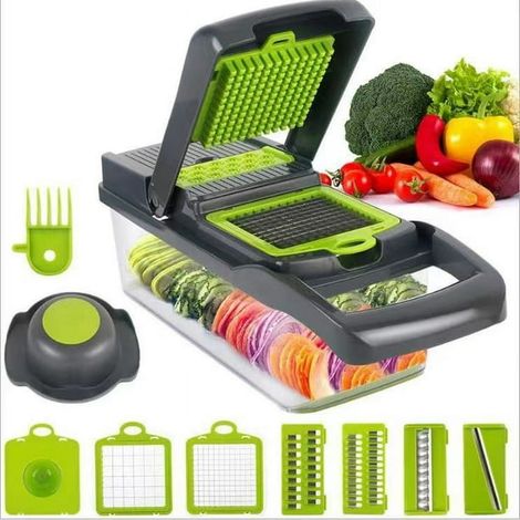 Coupe-légumes multifonction, hachoir à oignons et légumes, robot coupe-légumes avec 6 lames en acier inoxydable, bol récipient inclus, brosse de nettoyage et protège-main, électronique brillante (1/5)