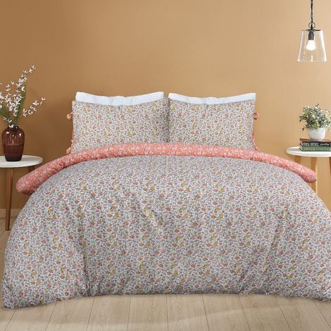 Sleepdown - Set copripiumino reversibile, motivo floreale irregolare, con federa con lacci, morbido e facile da pulire, per letto super king size, 260 x 220 cm, colore: arancione e bianco (1/4)