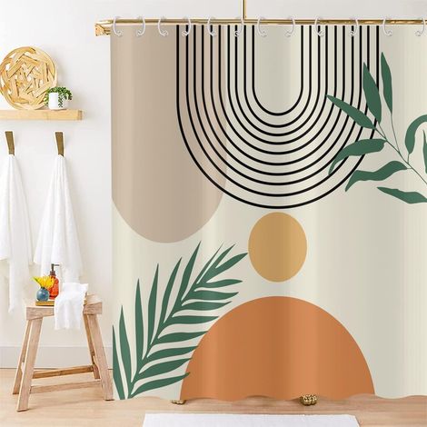 Cortina de ducha estilo bohemio de mediados de siglo, 180x180 cm, estampado de hojas y soles en color beige, tejido lavable e impermeable con ganchos.