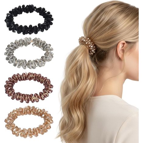 Set di 4 elastici per capelli con strass e perline, elastici per capelli da donna, accessori per capelli glitterati per donne e ragazze, accessorio elastico per code di cavallo e chignon (1/5)