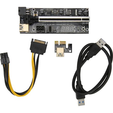 Carte adaptatrice PCIe 1X vers 16X avec double connecteur 6Pin, capteur de température, câble d'alimentation USB 3.0 pour extension de carte graphique minière. (1/5)
