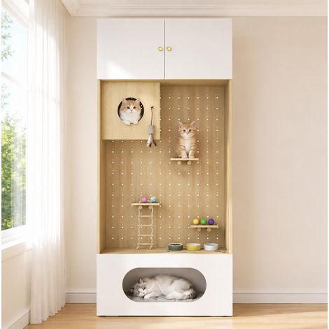 Mueble para gatos 90x50x200 cm, aglomerado blanco/madera, almacenaje - MEUBLIV (1/5)