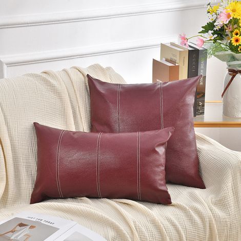 Black and white patchwork pillowcase, perfect for home living room decoration, sofa cushions, PU patchwork American minimalist style pillowcase -- 6060 -- burgundy