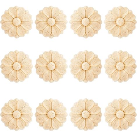 12Pcs Appliques En Bois Fleur Non Peintes Onlay 3cm 1.2in Rondes Sculptées Décalques Meubles Pour Portes Armoires Commodes Placard Lits Cheminée Escaliers (1/5)