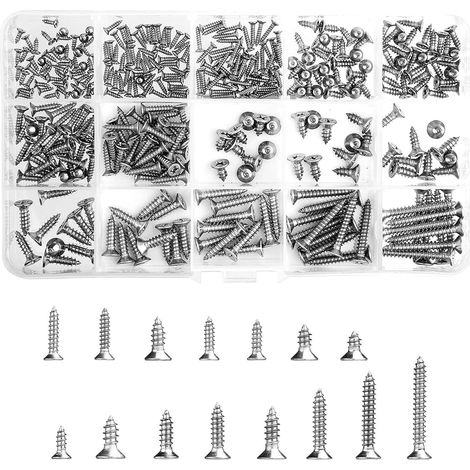Lot de 350 vis à tête plate en acier inoxydable M2 M3 M4 Vis auto-taraudeuses cruciformes Vis à bois pour bricolage, réparation, travail du bois (1/5)